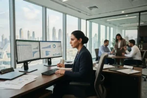 Finance manager reviewing financial reports in a UAE corporate office