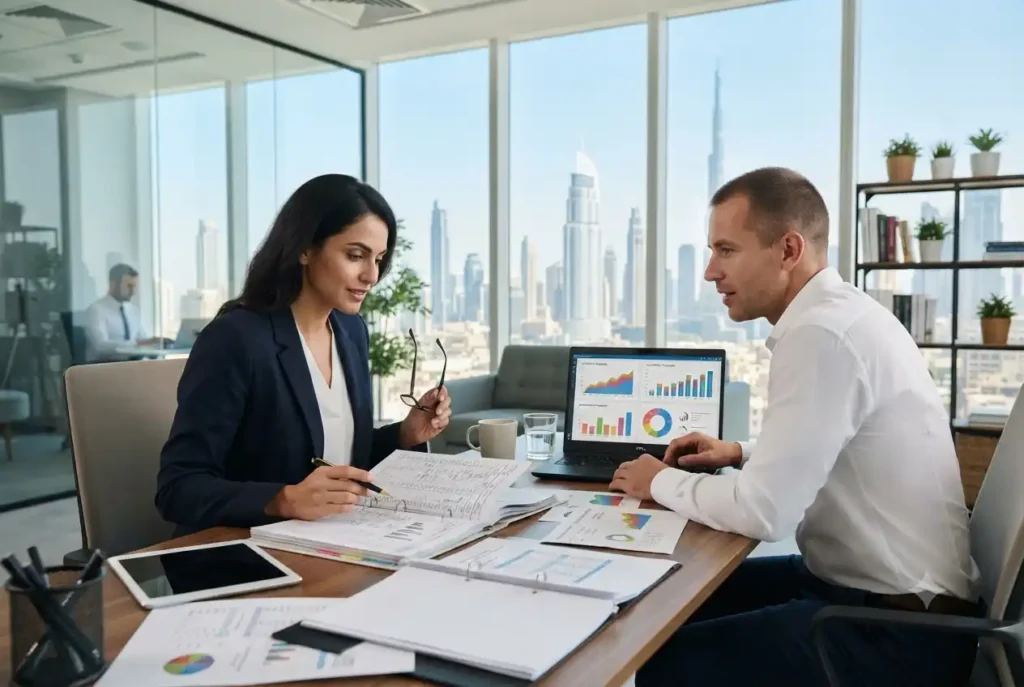 Finance and accounting professionals reviewing financial reports in a UAE office.
