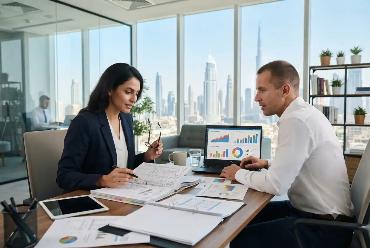 Finance and accounting professionals reviewing financial reports in a UAE office.