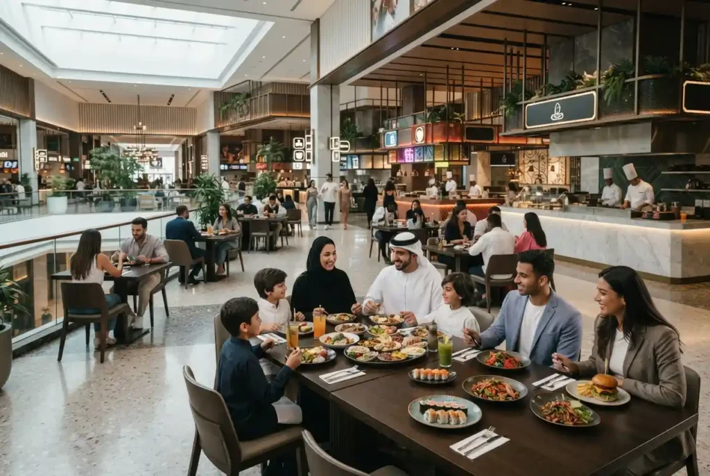 Modern food court with diverse dining options in the UAE