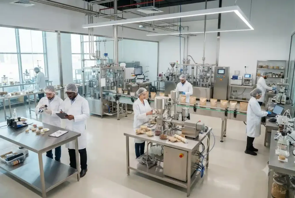 Food scientists working in a modern food technology laboratory with advanced processing equipment in the UAE.