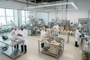 Food scientists working in a modern food technology laboratory with advanced processing equipment in the UAE.