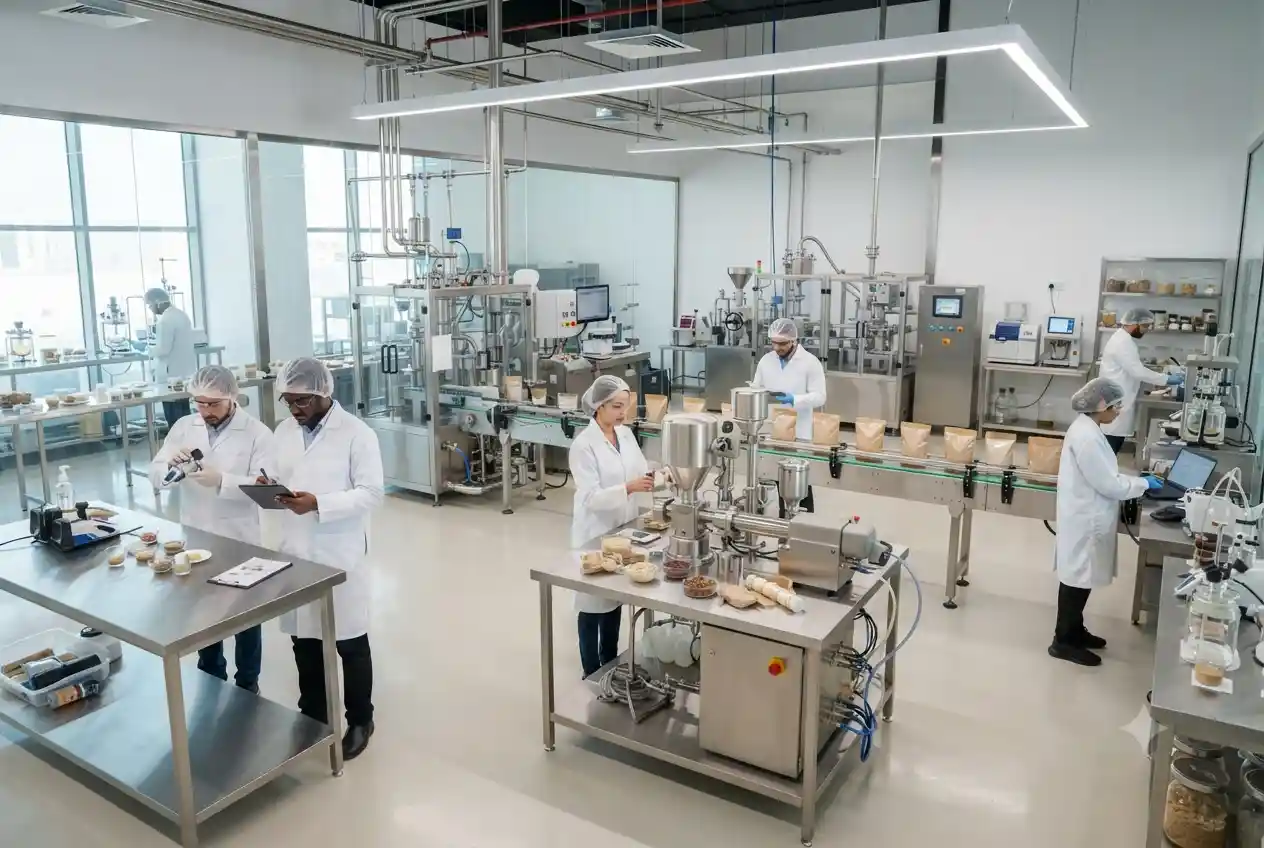 Food scientists working in a modern food technology laboratory with advanced processing equipment in the UAE.