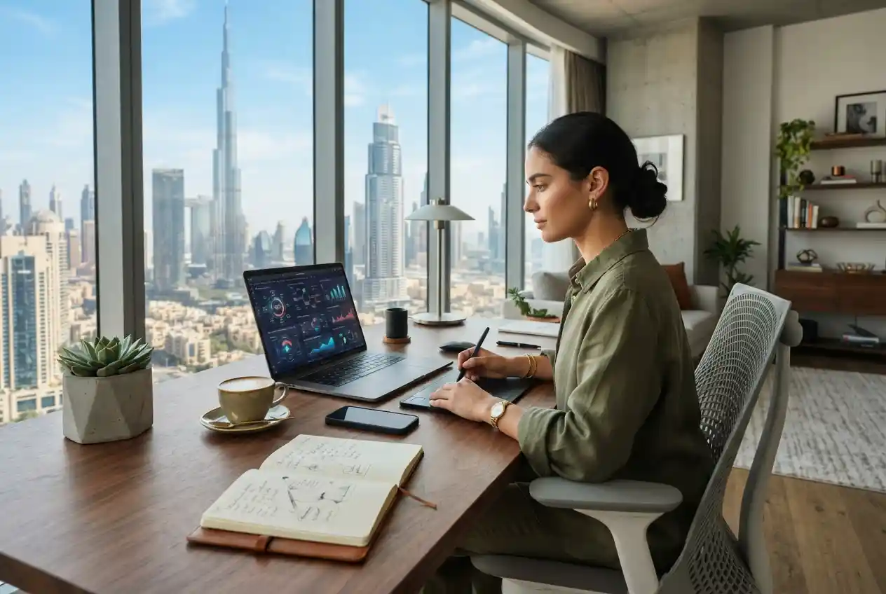 Freelance digital marketer working from a modern UAE workspace