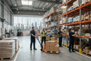 General workers handling goods in a Dubai warehouse