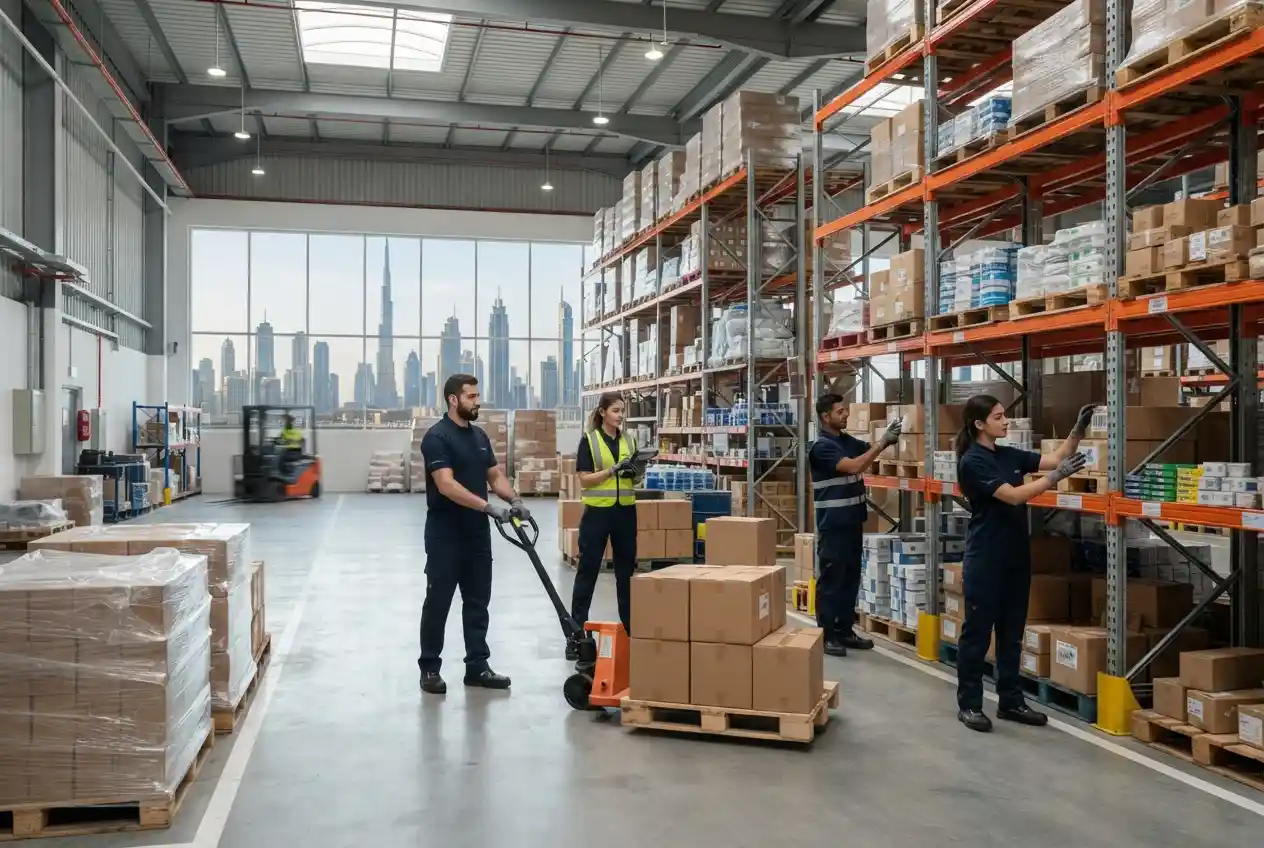 General workers handling goods in a Dubai warehouse