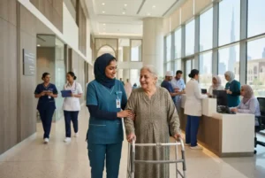 Healthcare assistant supporting a patient in a modern Dubai healthcare facility