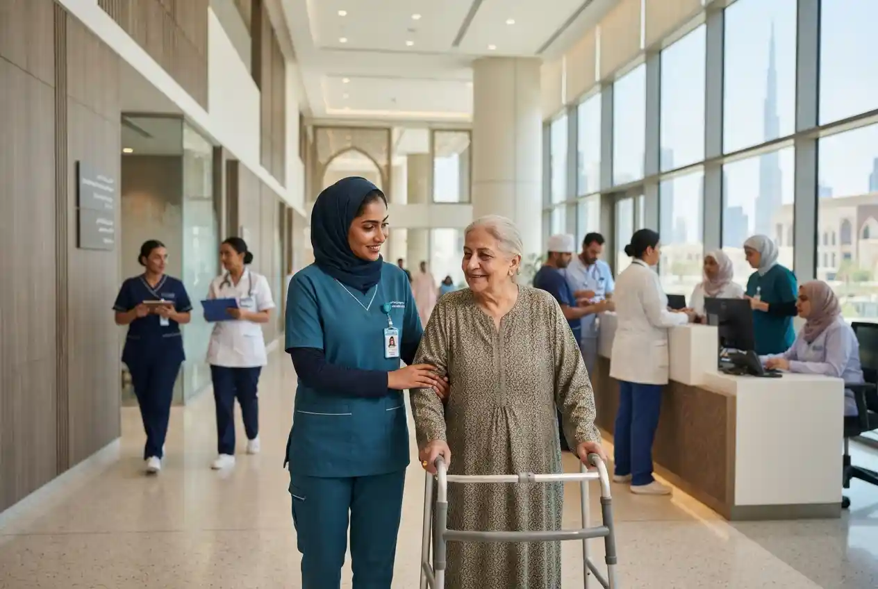Healthcare assistant supporting a patient in a modern Dubai healthcare facility