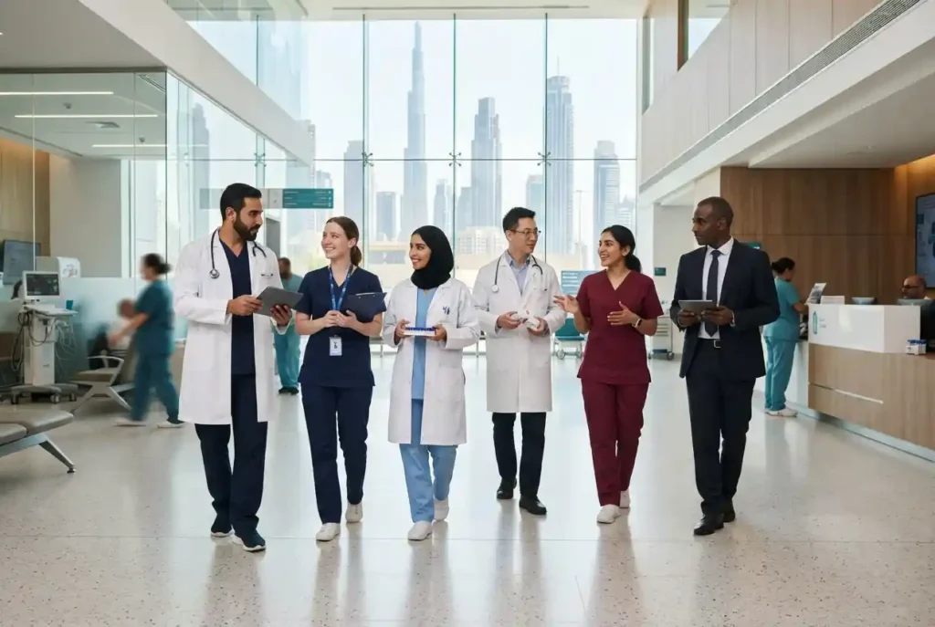 Healthcare professionals working in a modern Dubai hospital