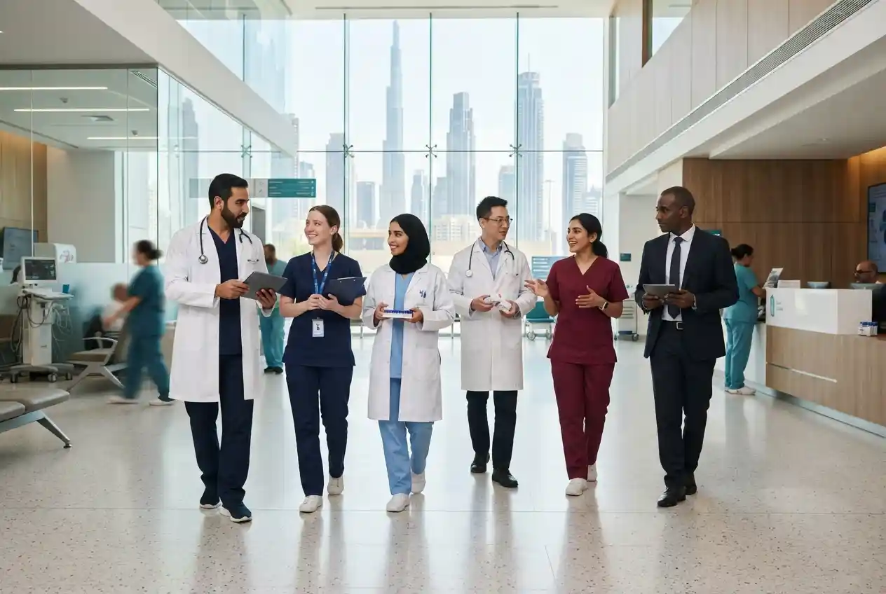 Healthcare professionals working in a modern Dubai hospital