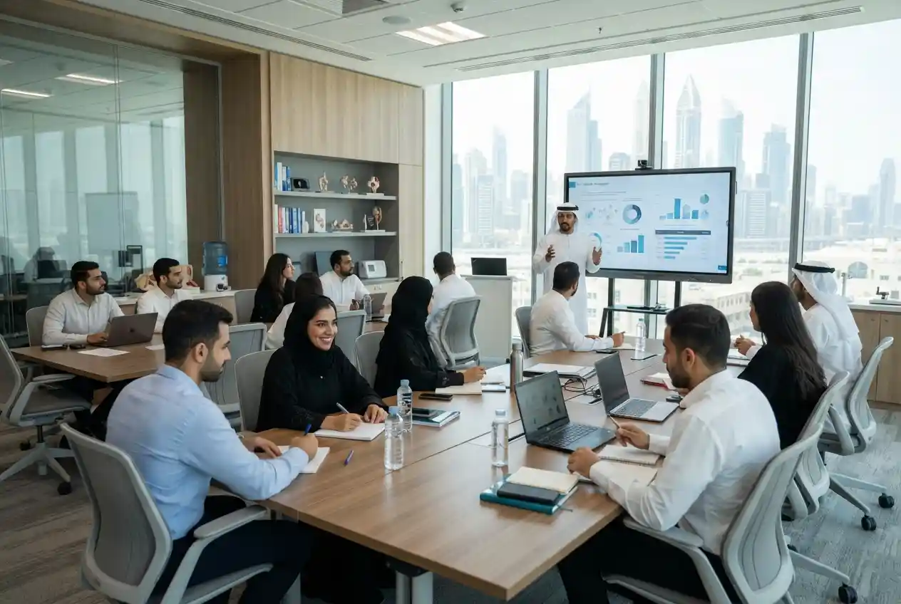 Students studying healthcare management course at a modern UAE university