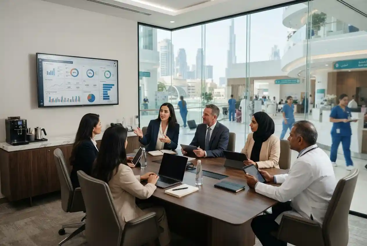 Healthcare managers discussing hospital operations in the UAE