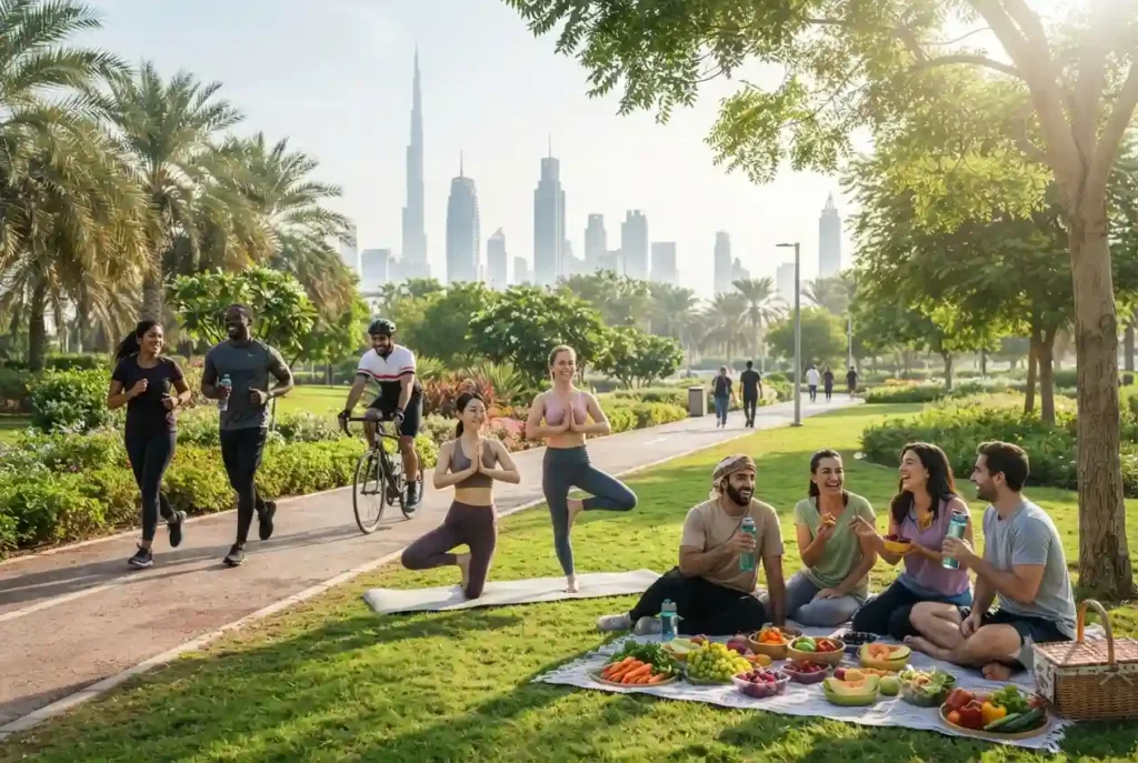 People enjoying outdoor exercise and healthy living in a UAE park.