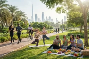 People enjoying outdoor exercise and healthy living in a UAE park.