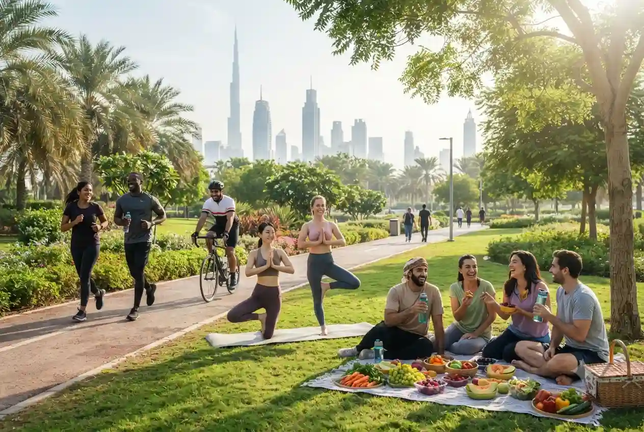 People enjoying outdoor exercise and healthy living in a UAE park.