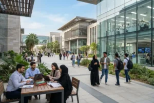International students studying at a modern higher education campus in the UAE