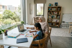 Child studying at home with a parent during homeschooling in the UAE