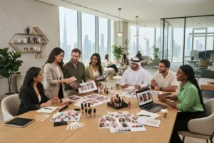 Beauty industry professionals collaborating in a modern Dubai office