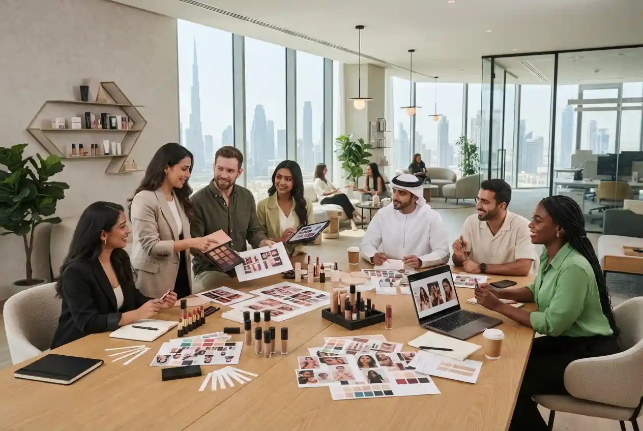 Beauty industry professionals collaborating in a modern Dubai office