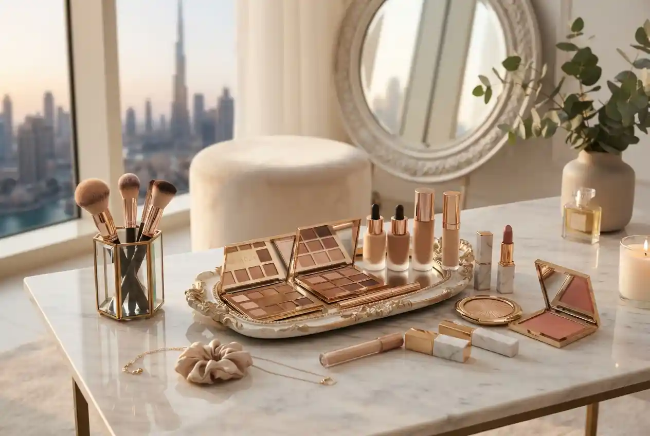Luxury makeup products arranged on a beauty vanity in the UAE