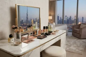 Huda Beauty makeup and skincare products in a luxury UAE beauty setting