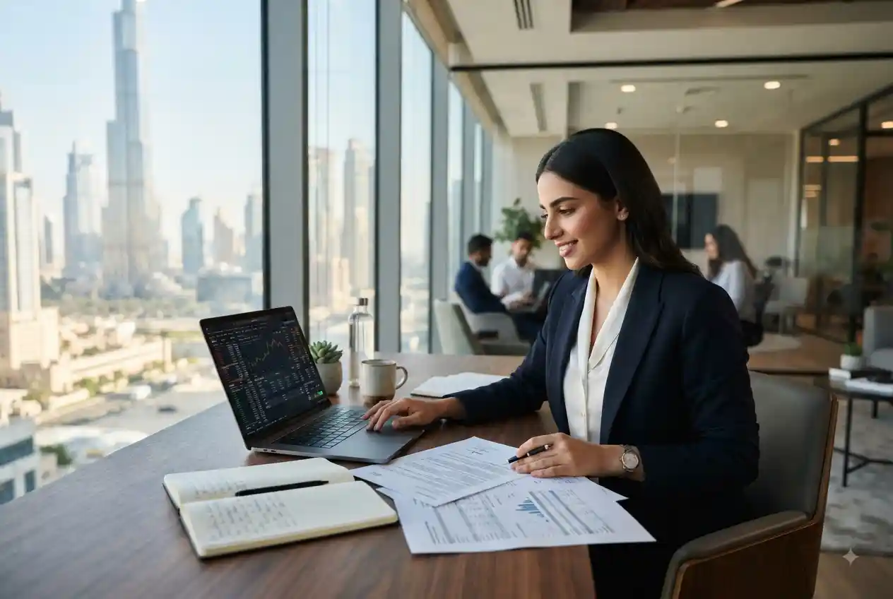 Professional employee reviewing ILOE insurance documents in a UAE office