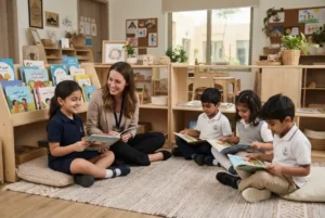 Young children exploring infant education books in a modern early learning classroom