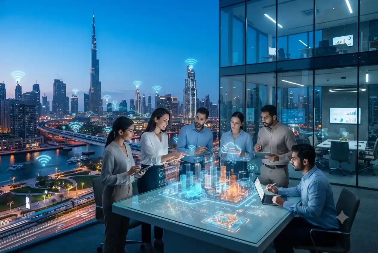Modern ICT infrastructure including cloud computing, digital communication networks, and smart city technology in the UAE.