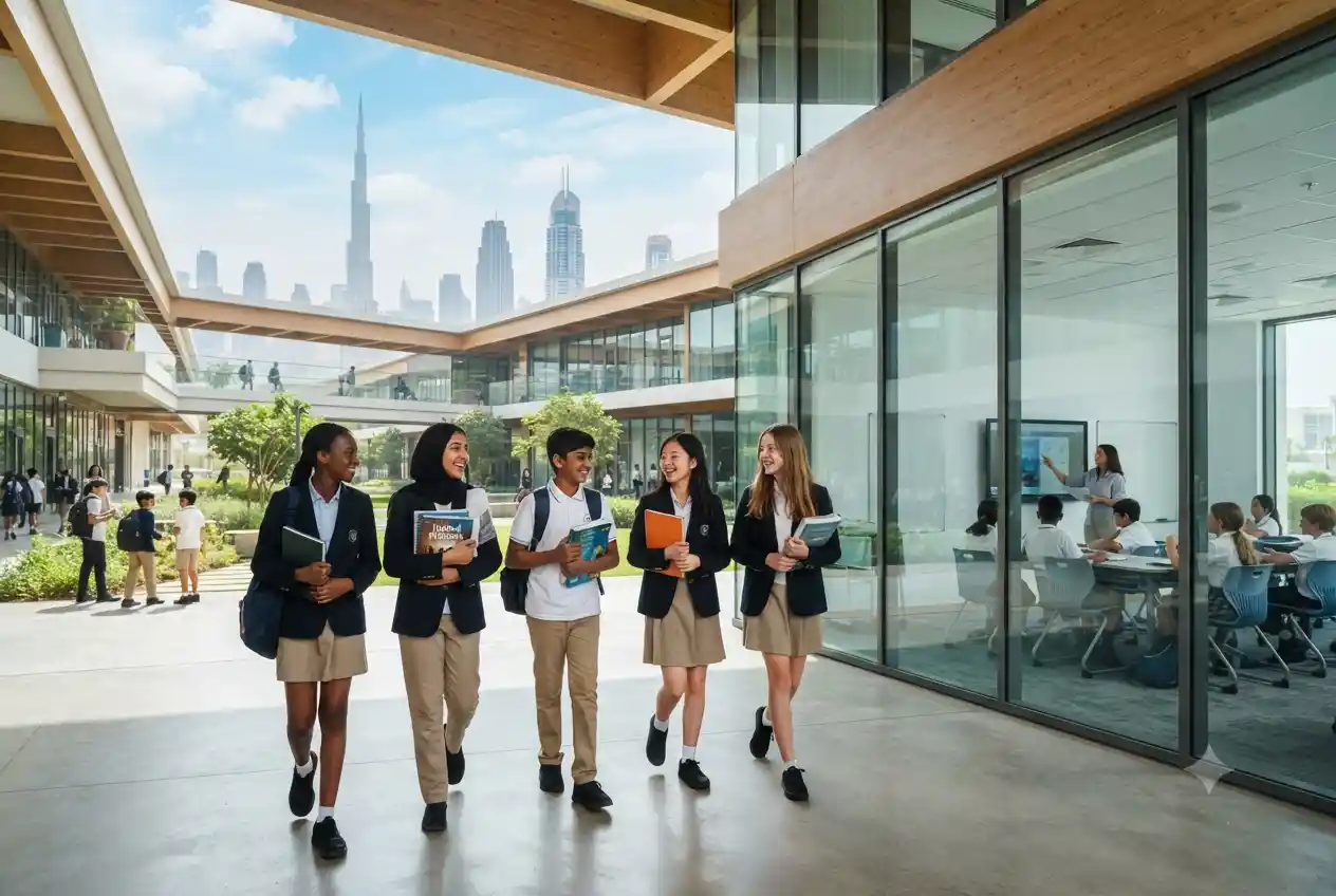 Students at an international school campus in Dubai