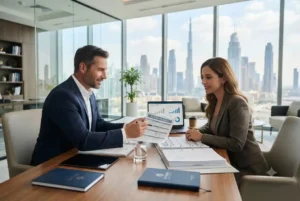Insurance broker comparing policy options with a UAE business owner