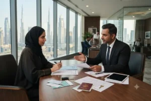 Insurance advisor discussing insurance options with a UAE customer