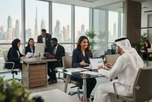 Insurance professionals working in a modern Dubai office
