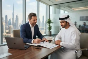 Insurance advisor explaining an insurance policy to a UAE customer