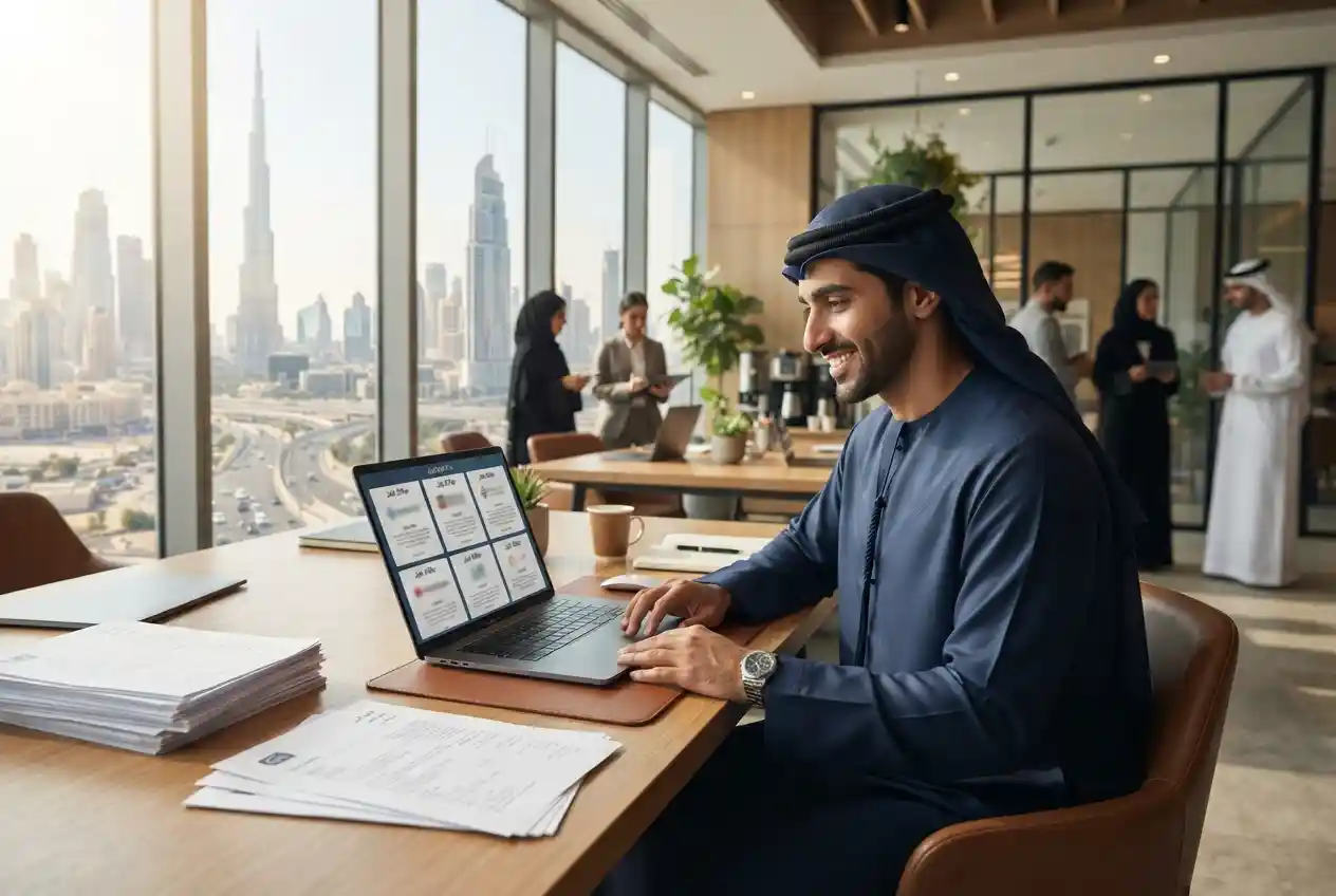 Professional reviewing job offers and new job openings in the UAE