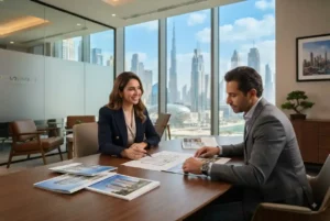 Dubai property agency consultant discussing real estate with a buyer
