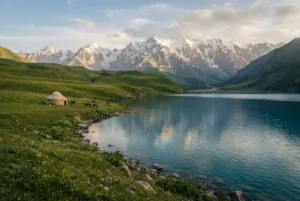 Kyrgyzstan tour package from Dubai featuring alpine lake and Tian Shan mountains