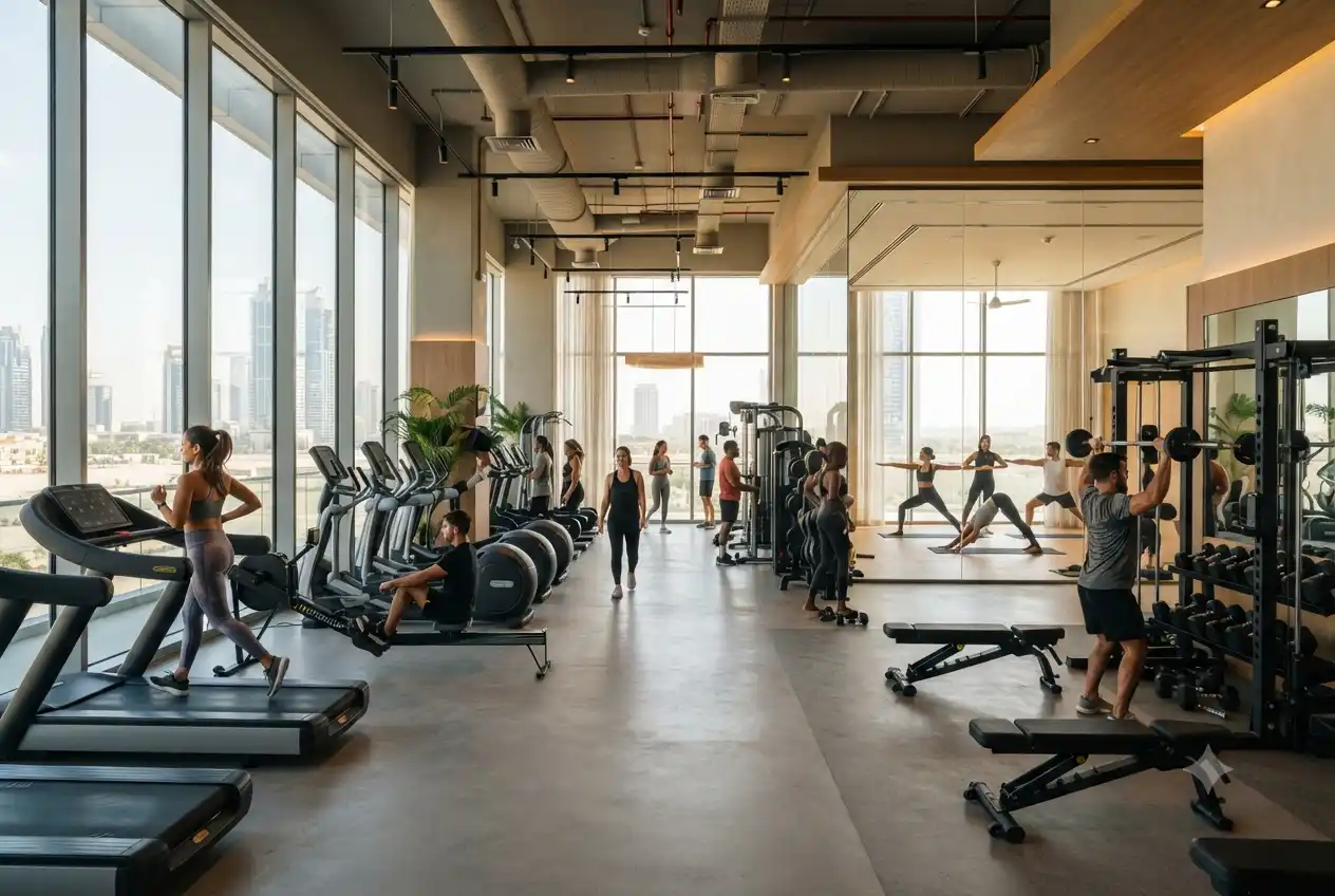 Modern lifestyle gym with treadmills, strength equipment, and yoga space in the UAE