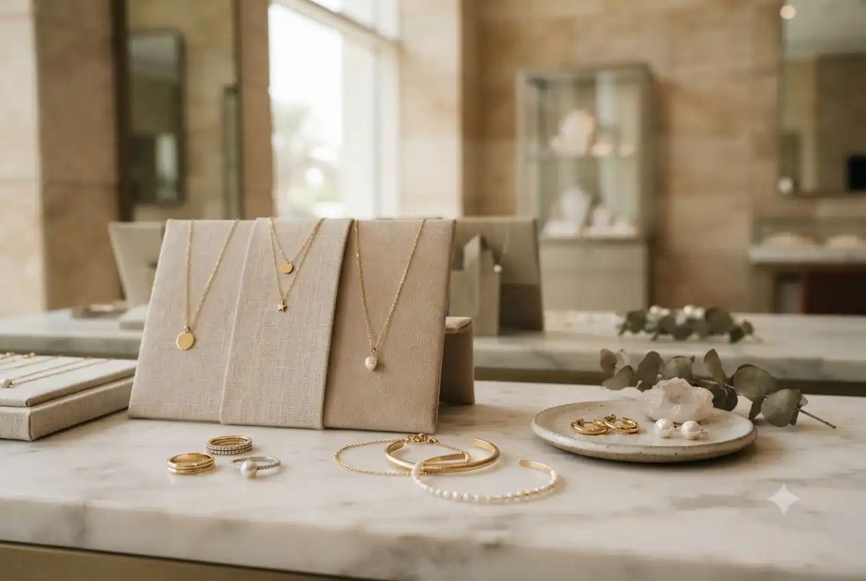 Elegant modern lifestyle jewellery displayed in a luxury UAE jewelry boutique.