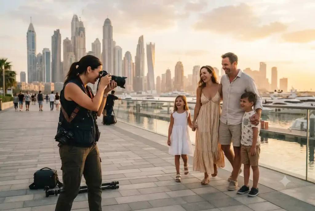 Professional lifestyle photographer conducting an outdoor photoshoot in Dubai.