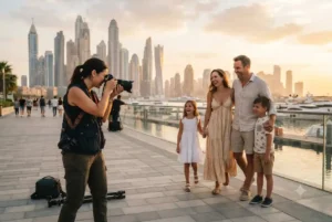 Professional lifestyle photographer conducting an outdoor photoshoot in Dubai.