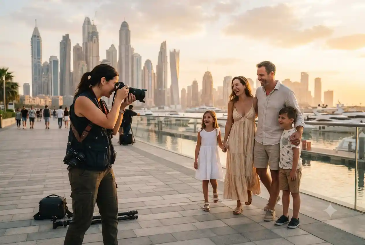 Professional lifestyle photographer conducting an outdoor photoshoot in Dubai.
