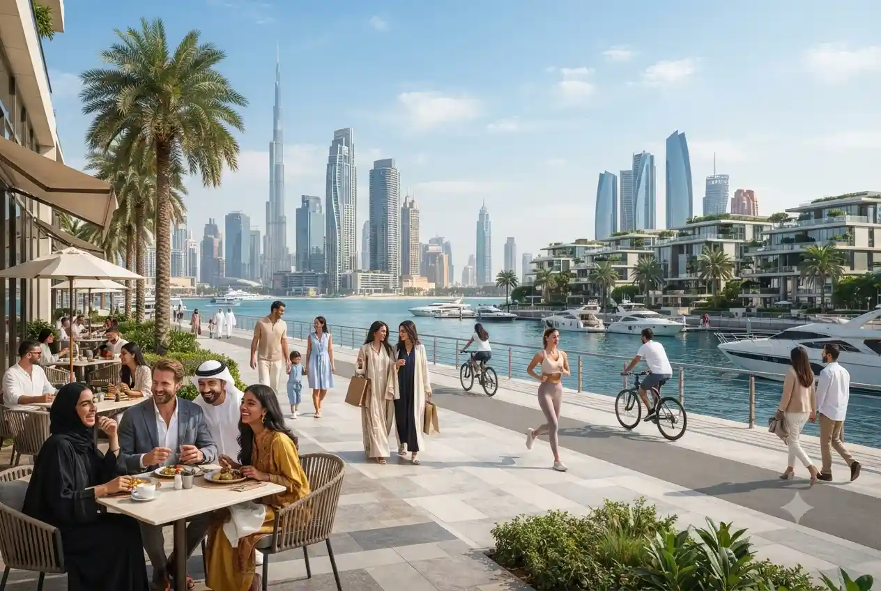 People enjoying modern lifestyle in the UAE with Dubai skyline and contemporary urban living.