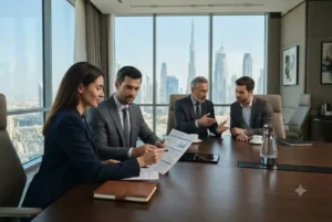 Business setup consultants discussing company formation in Dubai