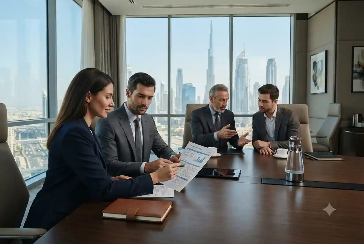 Business setup consultants discussing company formation in Dubai