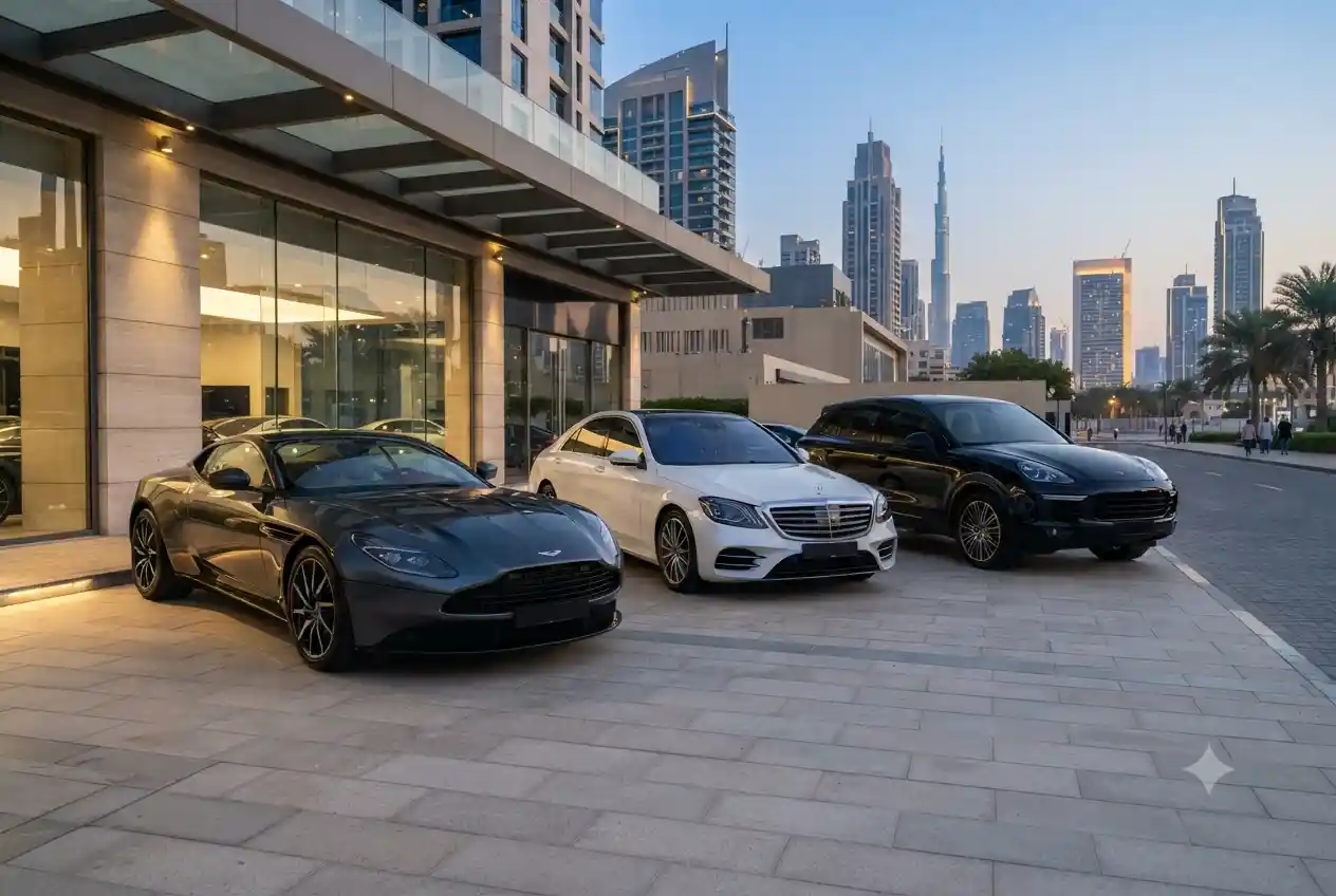 Premium luxury used cars displayed at a UAE automotive showroom