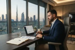 Business professional using online business banking in the UAE