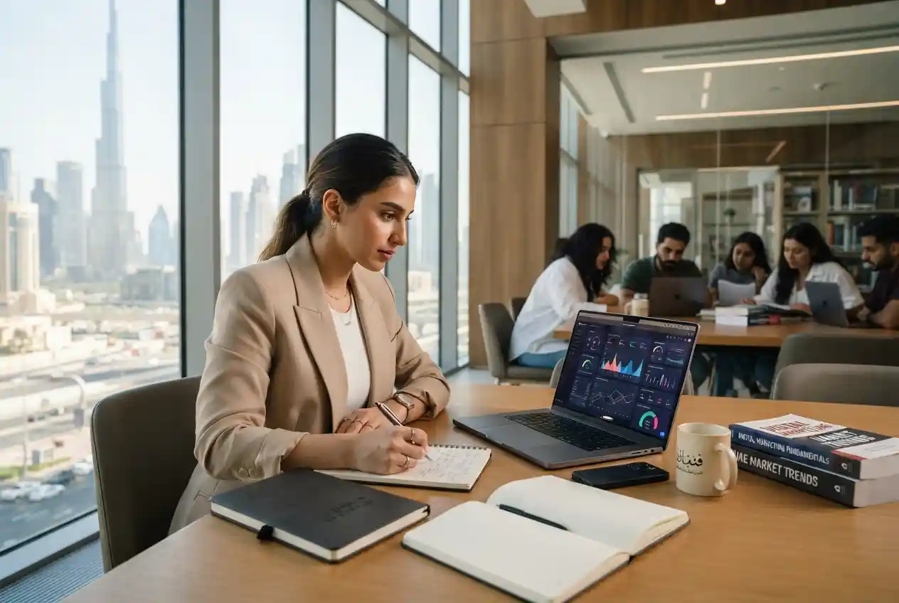 Postgraduate student studying digital marketing in a modern UAE university environment