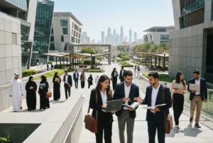 Postgraduate finance students studying at a modern university in Dubai.