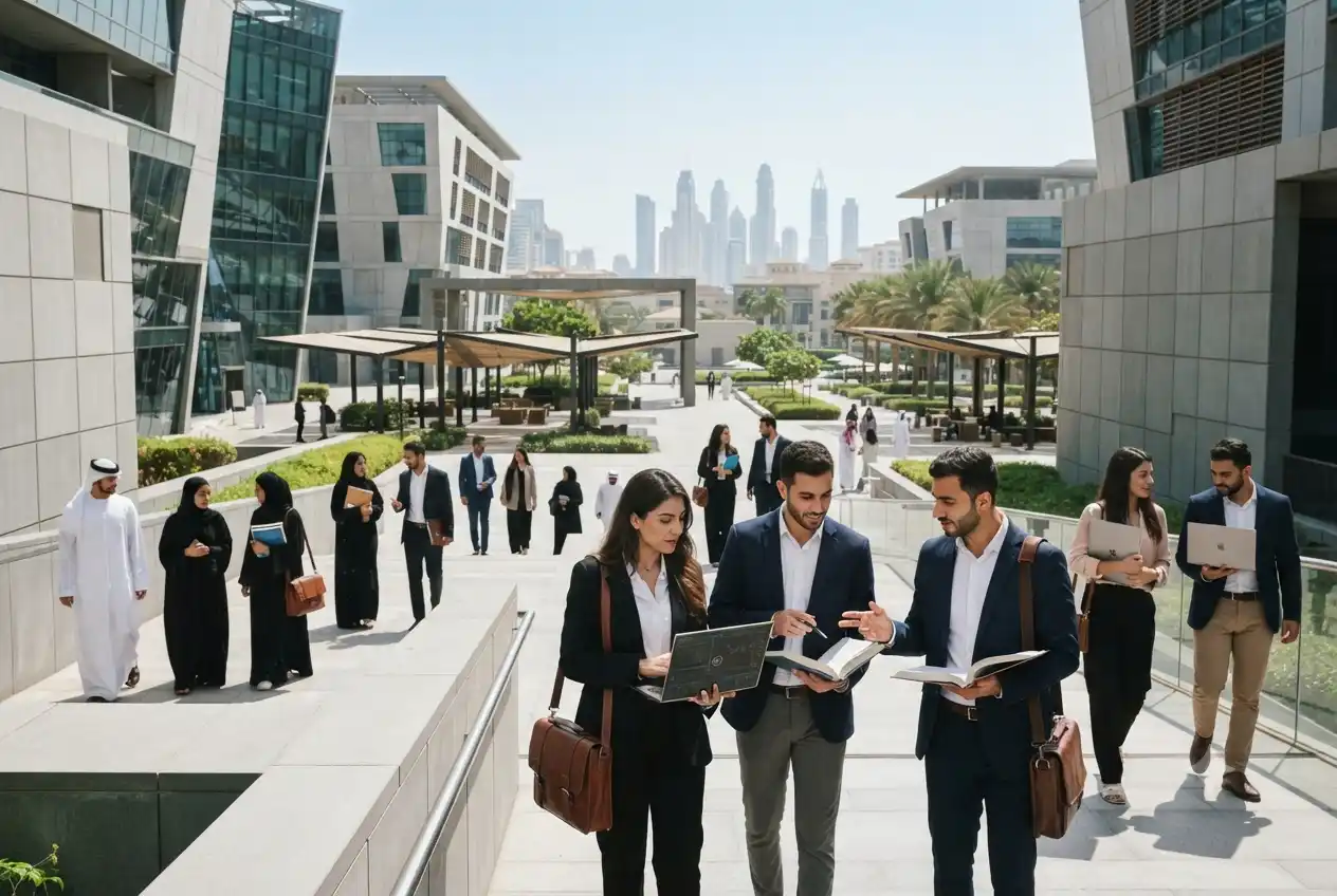 Postgraduate finance students studying at a modern university in Dubai.