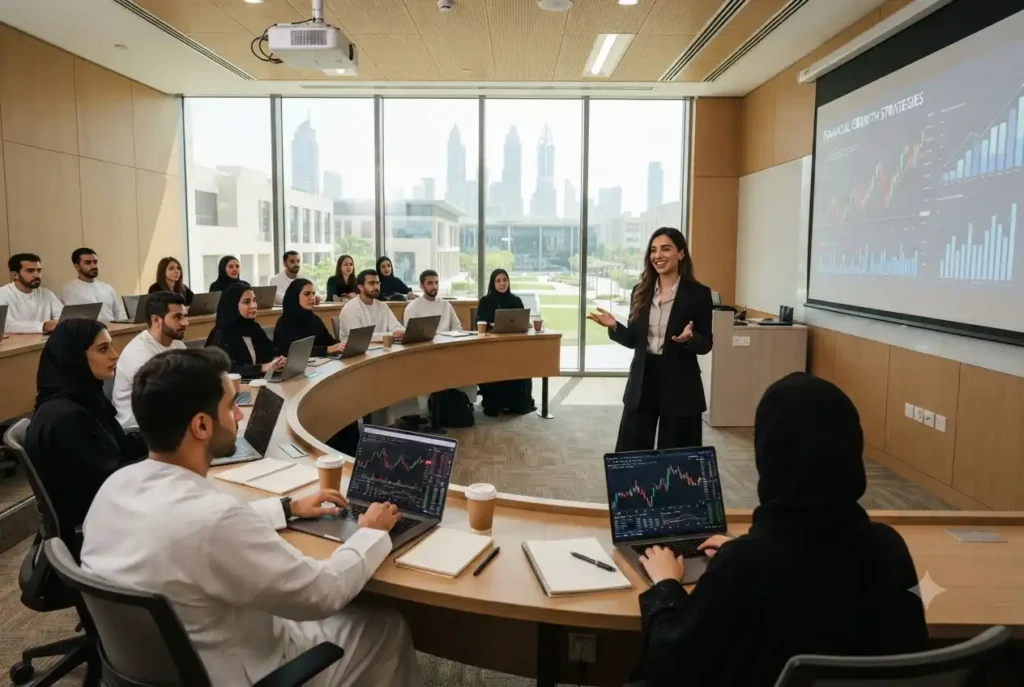 MBA finance students discussing business strategy in a modern classroom.